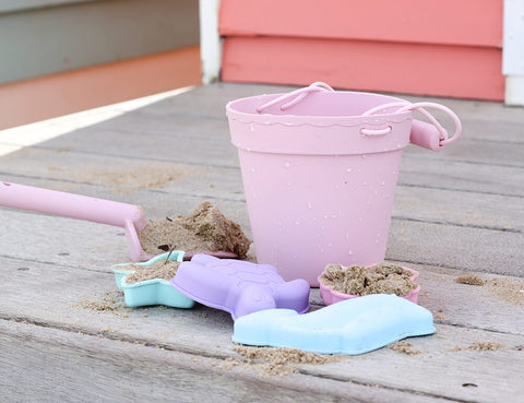 Silicone Beach Toys - Bucket, Spade & Mould Set with Cotton Mesh Tote 