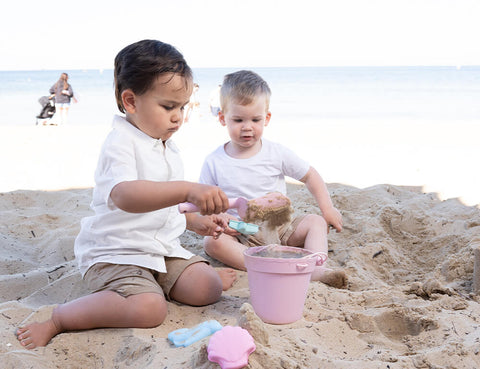 Silicone Beach Toys - Bucket, Spade & Mould Set with Cotton Mesh Tote - Rose