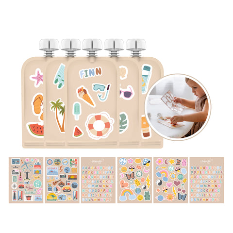 Personalized Reusable Food Pouches 5PK + 390 Permanent Stickers | BF BUNDLE SALE