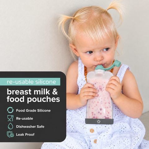 A baby wearing a white dress is shown drinking from a reusable silicone breast milk food pouch. The image includes a text overlay on the left highlighting product features like 're-usable silicone breast milk food pouches' and listing benefits such as 'Food Grade Silicone' and 'Re-usable'.