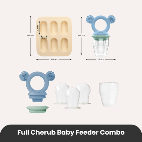 Cherub Baby Silicone Baby Fresh Food Feeder / Nibble Tray / Replacement Net 2pk Bundle – Cerulean / Sage / Sand