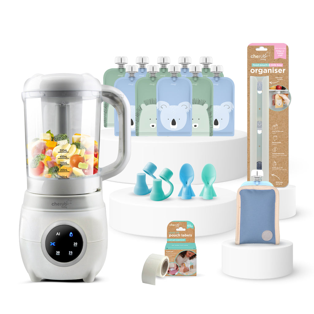 Solid Feeding Bundle | Automatic Baby Food Maker, Steriliser & Warmer + Reusable Baby Food Pouches Cerulean Sage