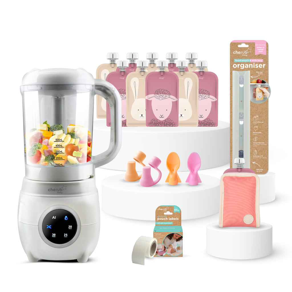 Solid Feeding Bundle | Automatic Baby Food Maker, Steriliser & Warmer + Reusable Baby Food Pouches Dusty Rose & Sand