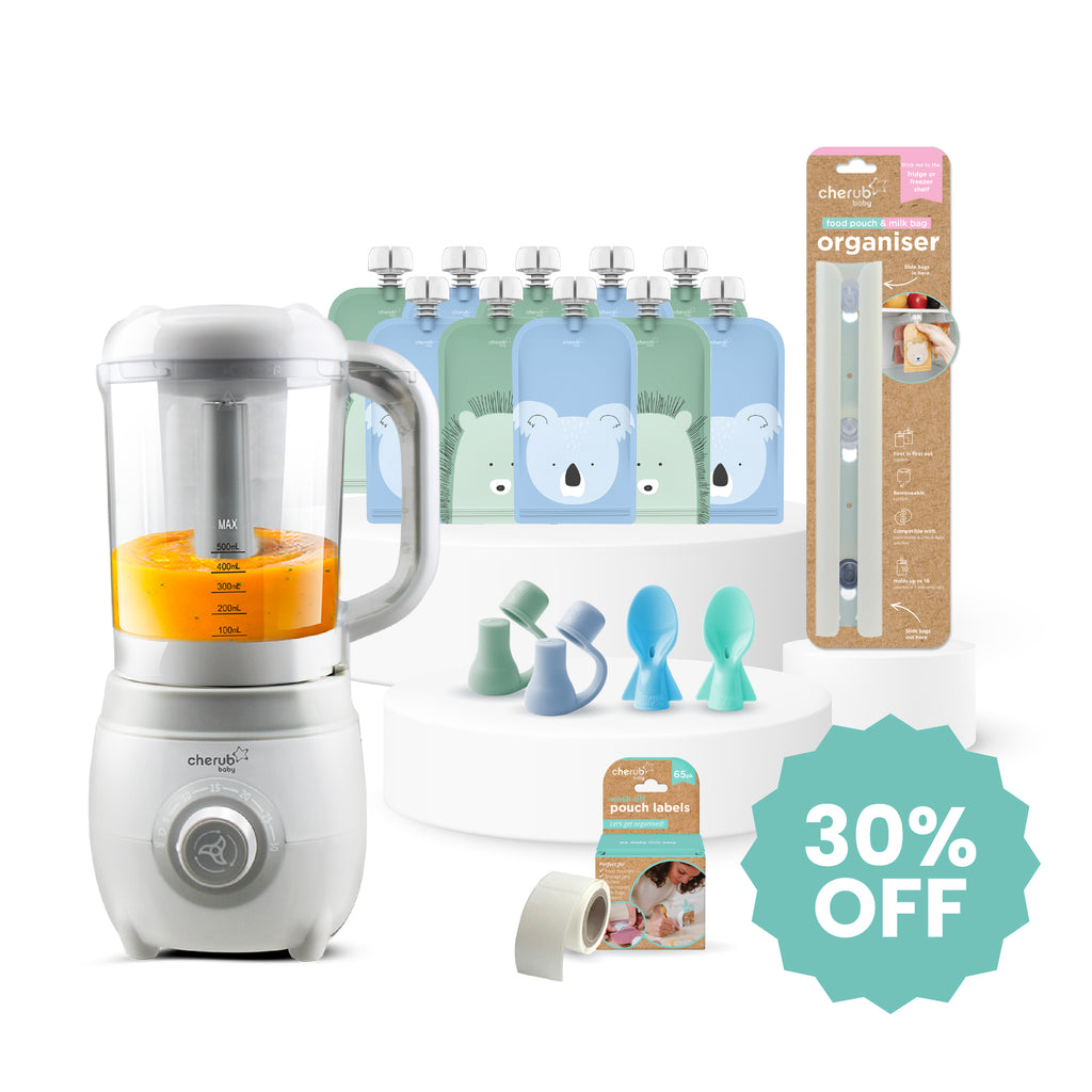 Solid Feeding Bundle | Easycook Baby Food Maker, Steriliser & Warmer + Reusable Baby Food Pouches Cerulean Sage