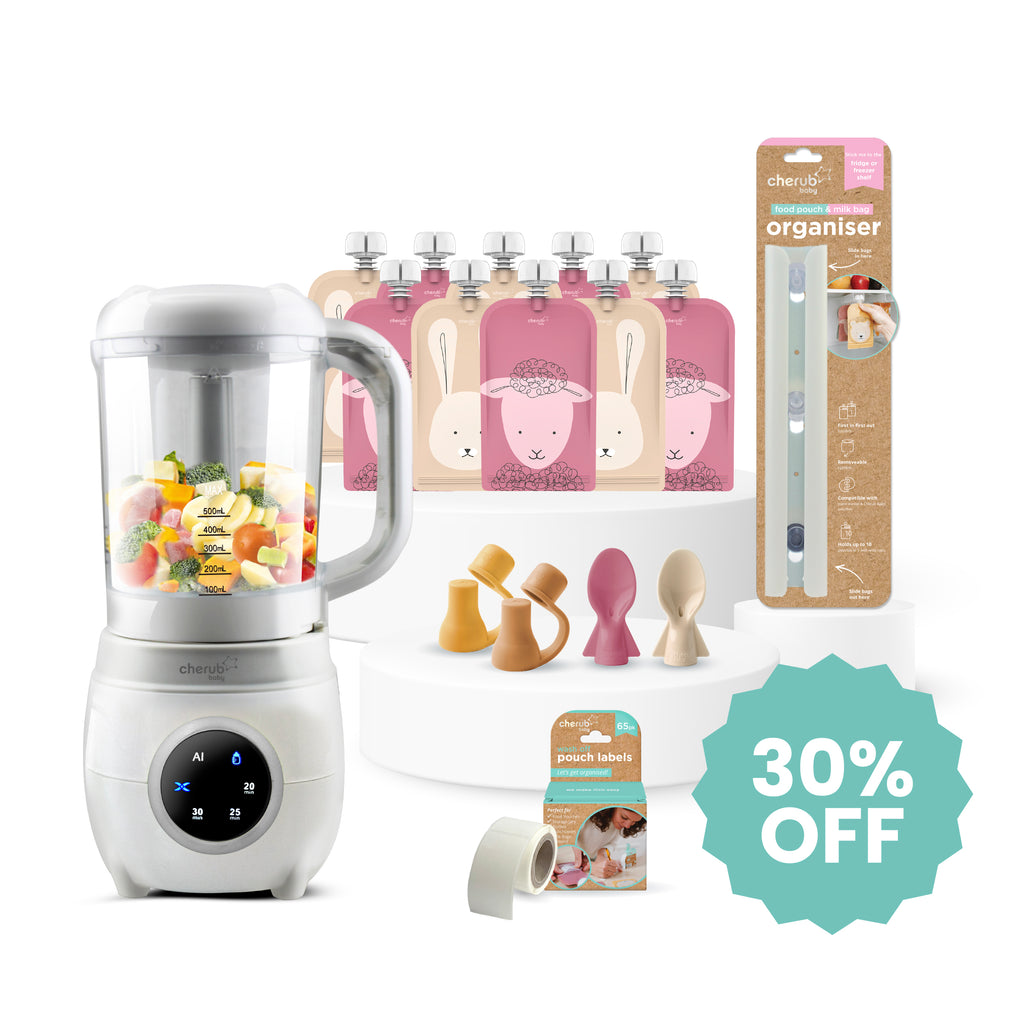 Solid Feeding Bundle | Automatic Baby Food Maker, Steriliser & Warmer + Reusable Baby Food Pouches Dusty Rose & Sand