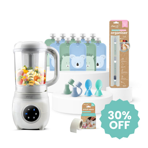 Solid Feeding Bundle | Automatic Baby Food Maker, Steriliser & Warmer + Reusable Baby Food Pouches Cerulean Sage