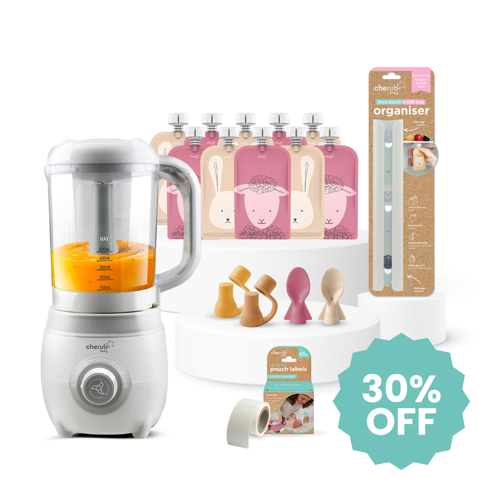 Solid Feeding Bundle | Easycook Baby Food Maker, Steriliser & Warmer + Reusable Baby Food Pouches Dusty Rose & Sand