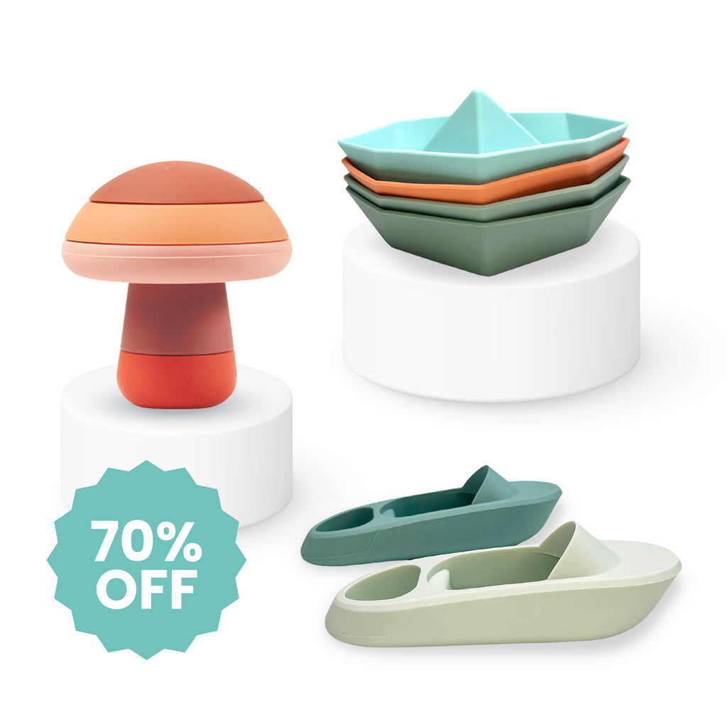 Silicone Bath Toys - Baby Boats – Oyster Sage + Toy Ships 4pk + Stacking Toys Mushroom