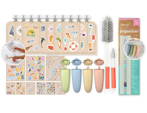 Customisable Reusable Food Pouches 10PK + Stickers | Silicone Pouch Brush | Pouch Organiser + Icy Pole Molds BUNDLE 1