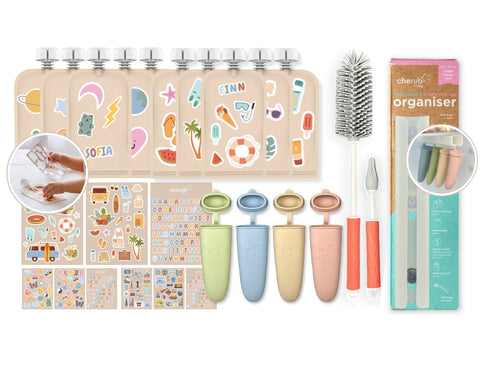 Customisable Reusable Food Pouches 10PK + Stickers | Silicone Pouch Brush | Pouch Organiser + Icy Pole Molds BUNDLE 2