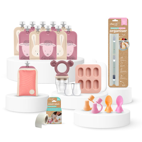 Solid Feeding Bundle | Reusable Baby Food Pouches, Yoghurt Pouches 120ml Animal Print Dusty Rose & Sand 10PK