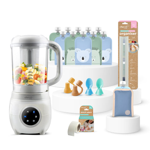 Solid Feeding Bundle | Automatic Baby Food Maker, Steriliser & Warmer + Reusable Baby Food Pouches Cerulean Sage
