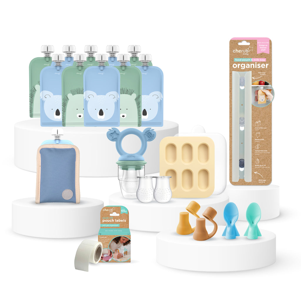 Solid Feeding Bundle | Reusable Baby Food Pouches, Yoghurt Pouches 120ml Animal Cerulean & Sage 10PK