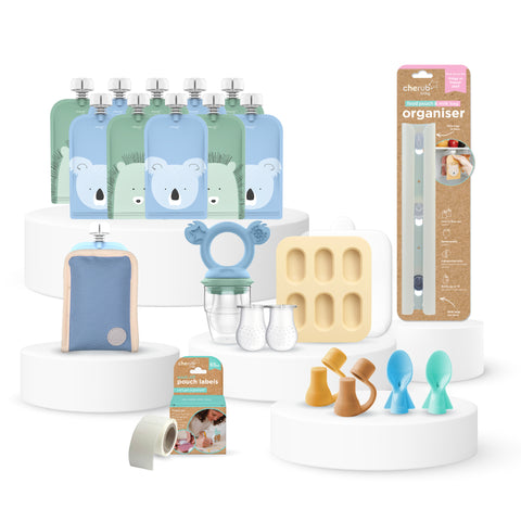 Solid Feeding Bundle | Reusable Baby Food Pouches, Yoghurt Pouches 120ml Animal Cerulean & Sage 10PK