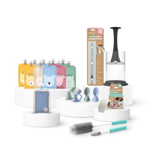 Solid Feeding Bundle | Automatic Baby Food Maker, Steriliser & Warmer + Reusable Baby Food Pouches Cerulean Sage