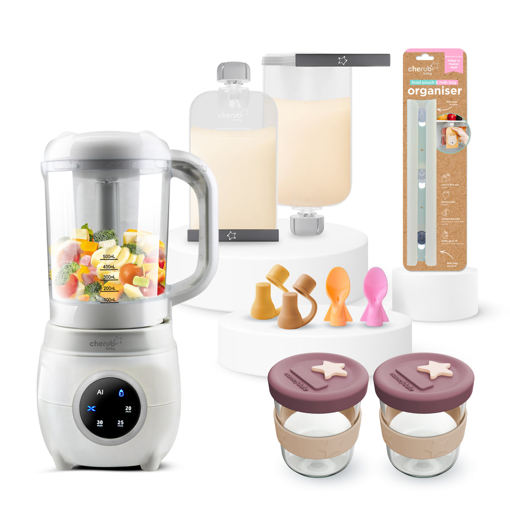 Automatic Baby Food Maker & Silicone Food Pouches Bundle in Peach & Blush