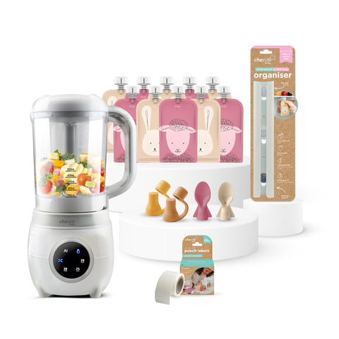 Solid Feeding Bundle | Automatic Baby Food Maker, Steriliser & Warmer + Reusable Baby Food Pouches Dusty Rose & Sand