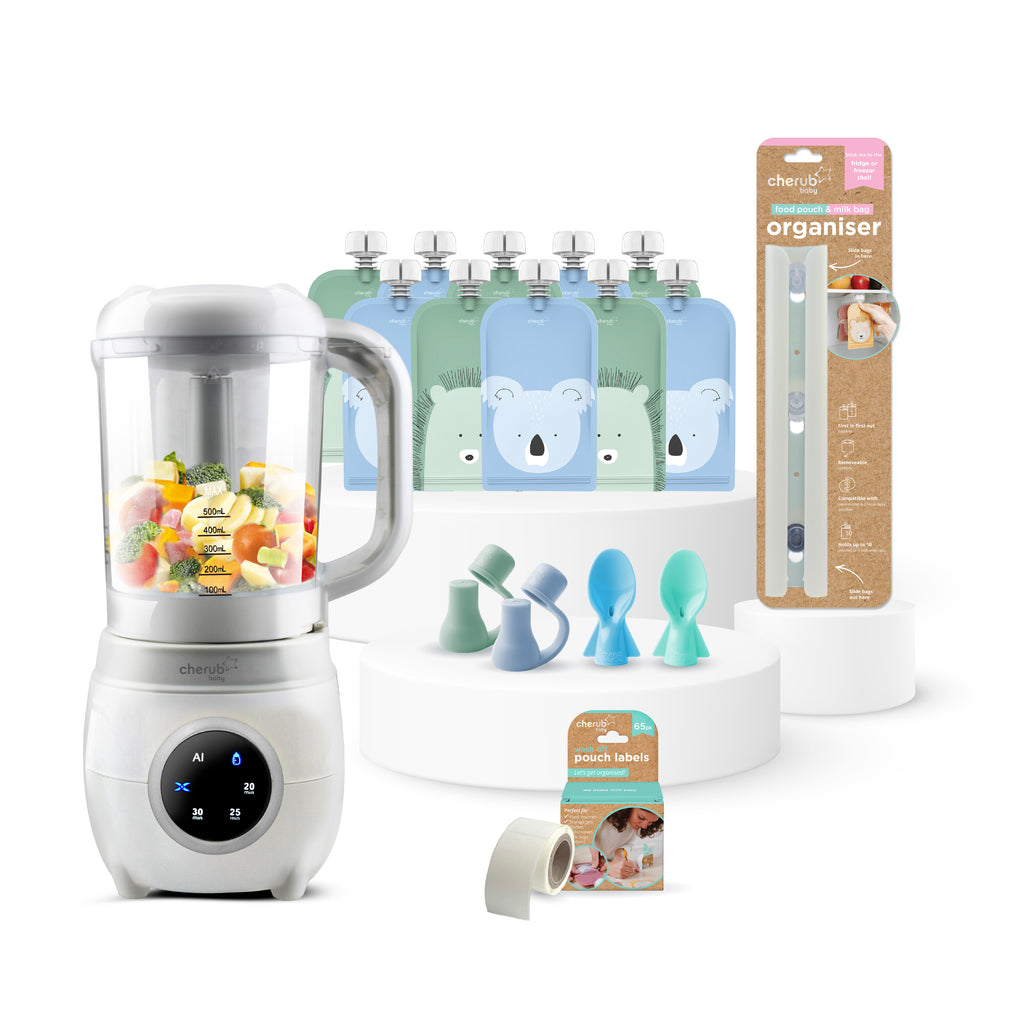 Solid Feeding Bundle | Automatic Baby Food Maker, Steriliser & Warmer + Reusable Baby Food Pouches Cerulean Sage