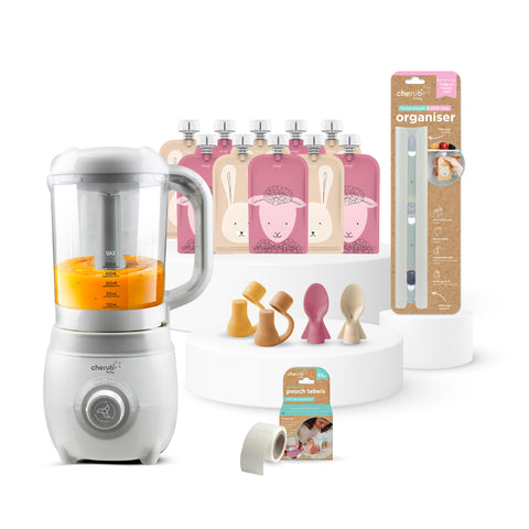 Solid Feeding Bundle | Easycook Baby Food Maker, Steriliser & Warmer + Reusable Baby Food Pouches Dusty Rose & Sand