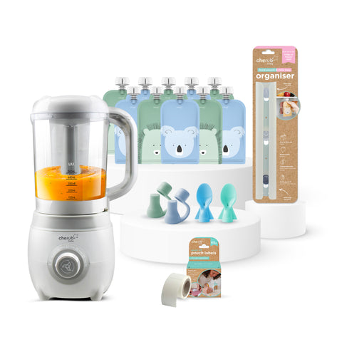 Solid Feeding Bundle | Easycook Baby Food Maker, Steriliser & Warmer + Reusable Baby Food Pouches Cerulean Sage