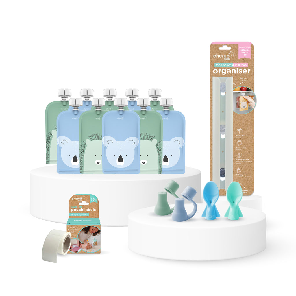 Solid Feeding Bundle | Reusable Baby Food Pouches, Yoghurt Pouches 120ml Animal Cerulean & Sage 10PK