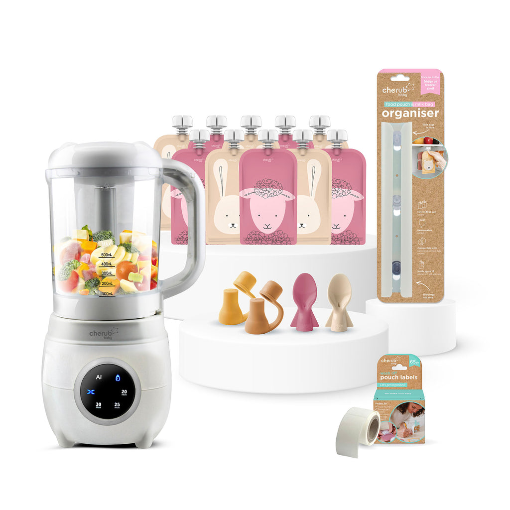 Solid Feeding Bundle | Automatic Baby Food Maker, Steriliser & Warmer + Reusable Baby Food Pouches Dusty Rose & Sand