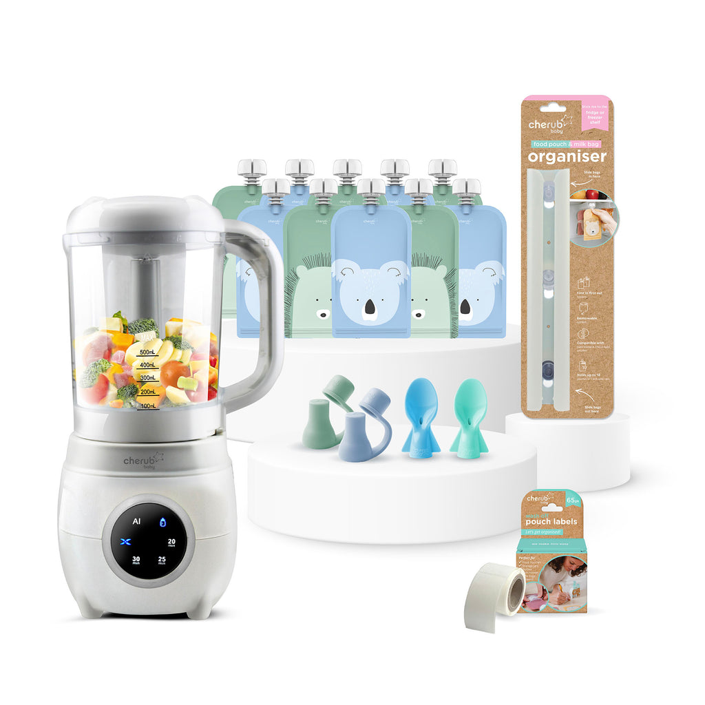 Solid Feeding Bundle | Automatic Baby Food Maker, Steriliser & Warmer + Reusable Baby Food Pouches Cerulean Sage