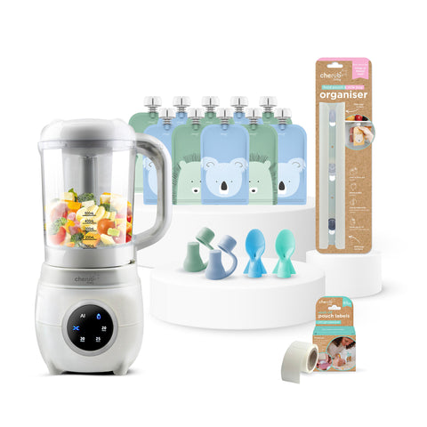 Solid Feeding Bundle | Automatic Baby Food Maker, Steriliser & Warmer + Reusable Baby Food Pouches Cerulean Sage