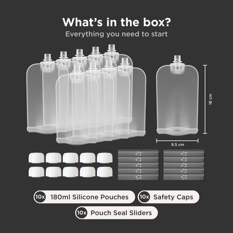 Box contents infographic for a silicone pouch kit on a dark gray background, showing multiple translucent 180ml silicone pouches, white silicone caps, safety caps, and seal sliders with printed dimensions and text labels.