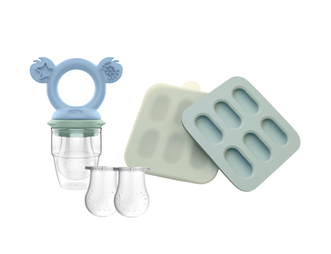 BUNDLE SALE - Silicone Baby Fresh Food Feeder + Silicone Nibble Tray 2PK + 2PK Nets - Cerulean & Sage