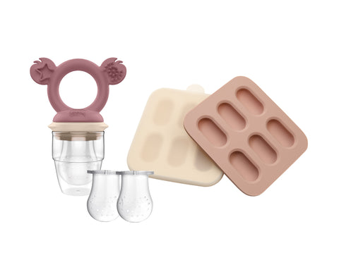 BUNDLE SALE - Silicone Fresh Food Feeder + Silicone Baby Nibble Freezer Tray 2PK + 2PK Nets - Dusty Rose & Sand
