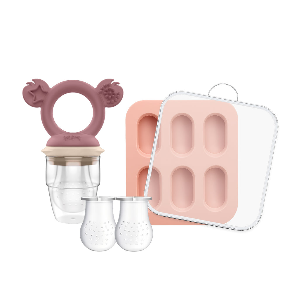 Cherub Baby Silicone Baby Fresh Food Feeder / Nibble Tray / Replacement Net 2pk Bundle – Dusty Rose/ Sand