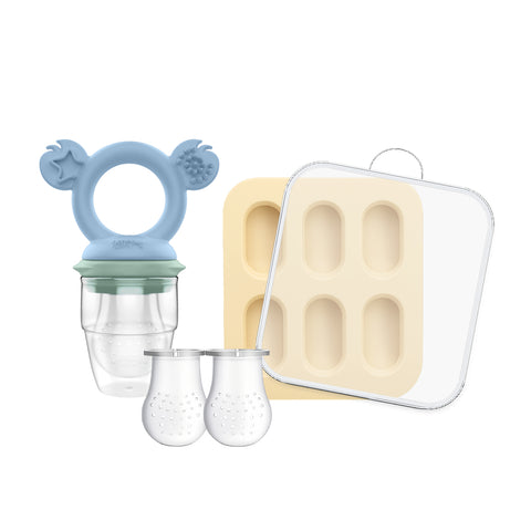 Cherub Baby Silicone Baby Fresh Food Feeder / Nibble Tray / Replacement Net 2pk Bundle – Cerulean / Sage / Sand