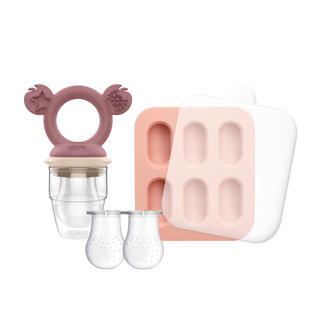 Cherub Baby Silicone Baby Fresh Food Feeder / Nibble Tray / Replacement Net 2pk Bundle – Dusty Rose/ Sand