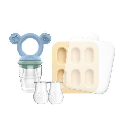 Cherub Baby Silicone Baby Fresh Food Feeder / Nibble Tray / Replacement Net 2pk Bundle – Cerulean / Sage / Sand