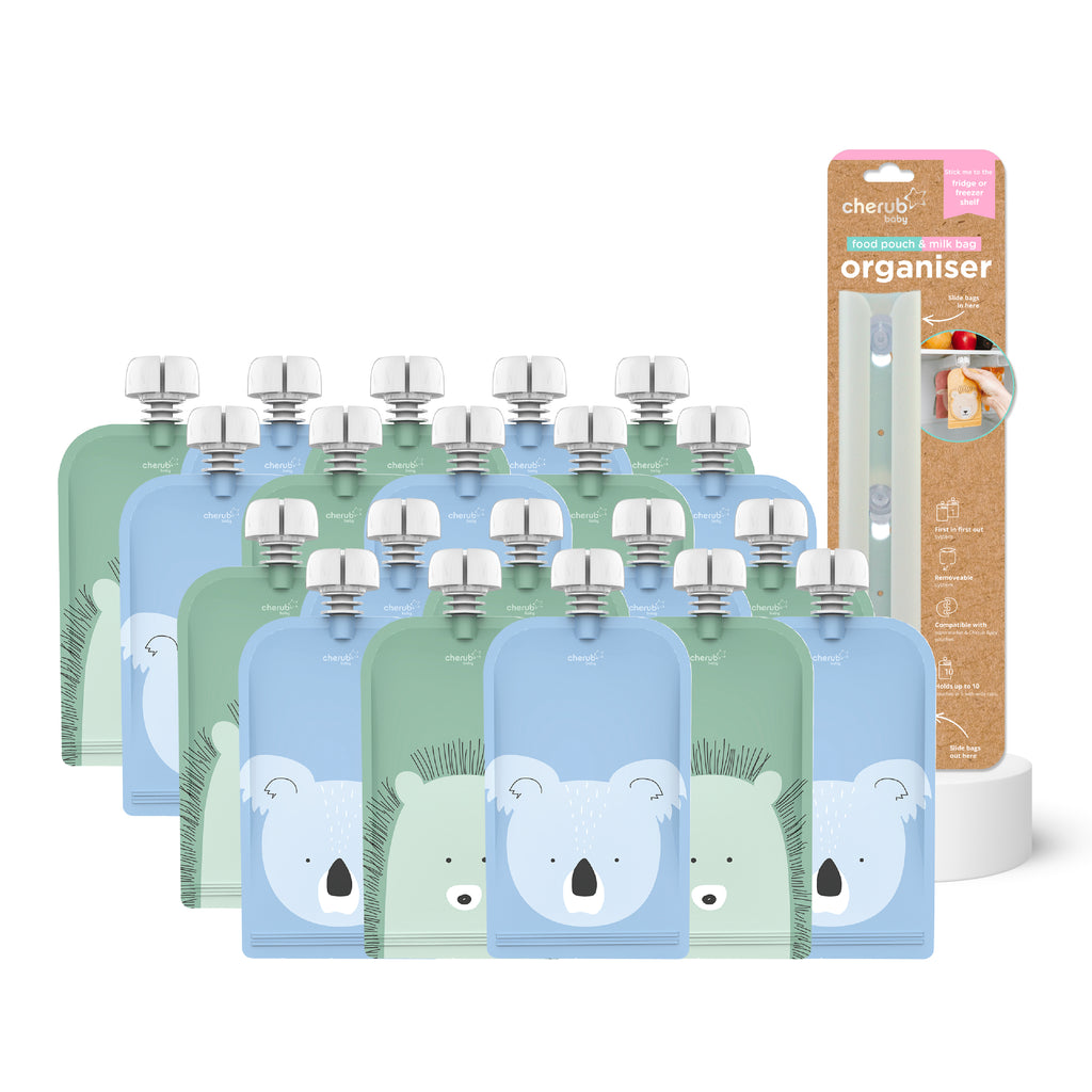 Reusable Baby Food Pouches 20PK 120ml Animal Cerulean Sage & Food Pouch Organiser Bundle
