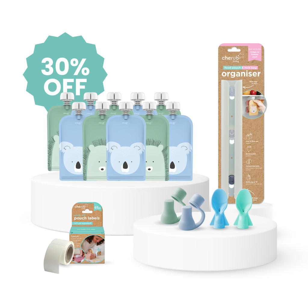 Solid Feeding Bundle | Reusable Baby Food Pouches, Yoghurt Pouches 120ml Animal Cerulean & Sage 10PK