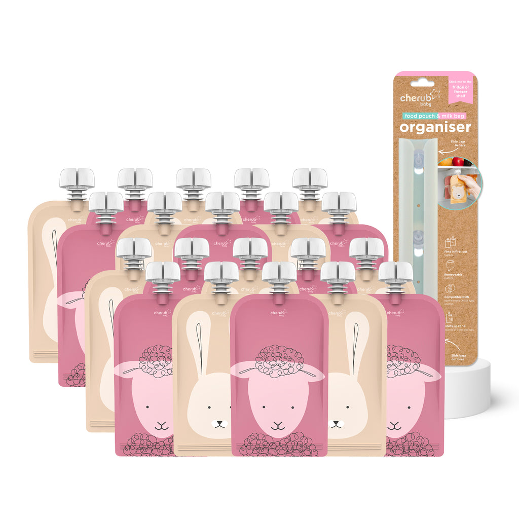 Reusable Baby Food Pouches, Yoghurt Pouches 20PK 120ml Animal Dusty Rose Sand & Food Pouch Organiser Bundle