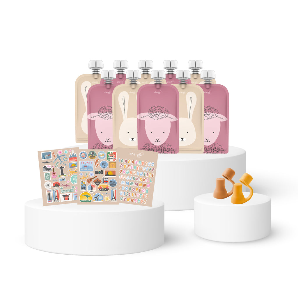 October Free Gift Bundle - Reusable Food Pouch 10PK & Universal Food Pouch Spouts 2PK with Sticker Sets