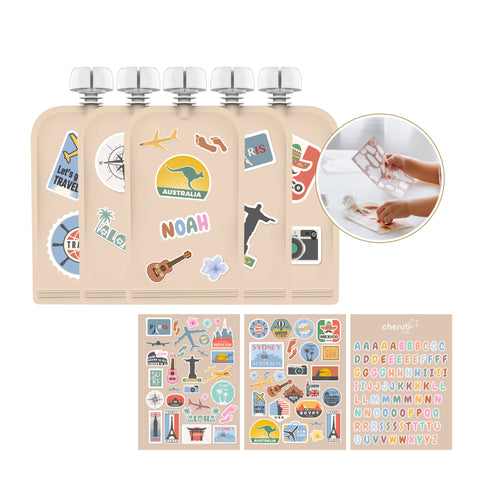 Sticker Set Reusable Food Pouches 150ml 5PK with 130+ Letter/Picture Stickers |Big Explorer