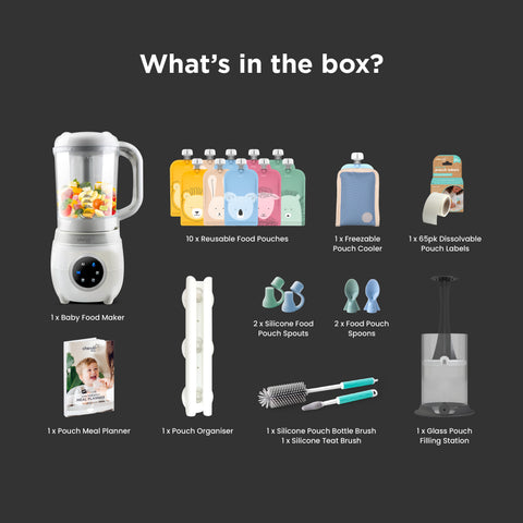 Solid Feeding Bundle | Automatic Baby Food Maker, Steriliser & Warmer with Reusable Baby Food Pouches in Cerulean & Sage