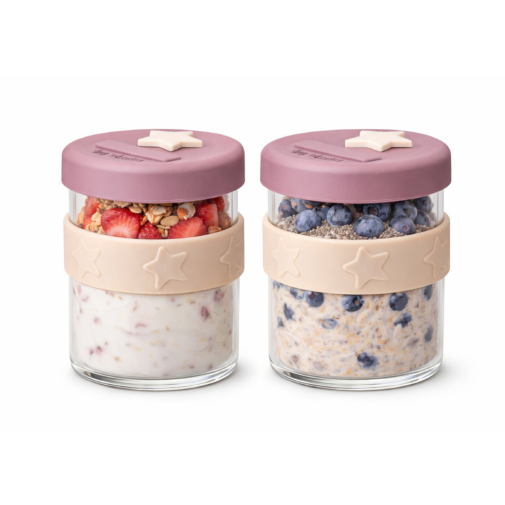 Silicone & Glass Baby Food Storage Containers 2PK 180ml in Dusty Rose & Sand