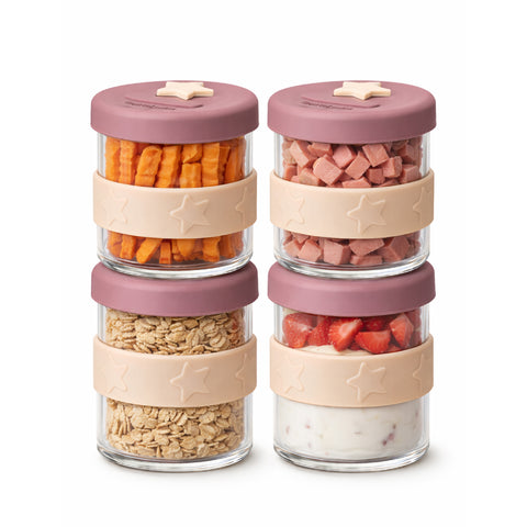 Silicone & Glass Baby Food Storage Containers 4PK 180ml in Dusty Rose & Sand