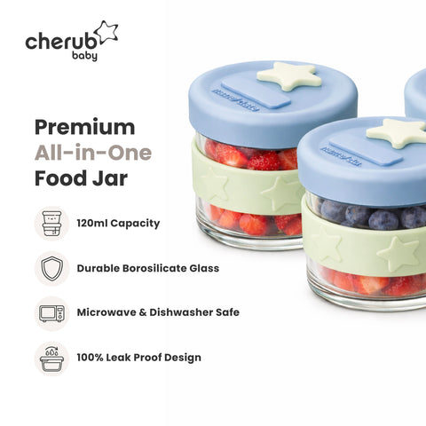 Silicone & Glass Baby Food Storage Containers 3PK 120ml - Cerulean Sage - Puree Containers - Freezer Safe