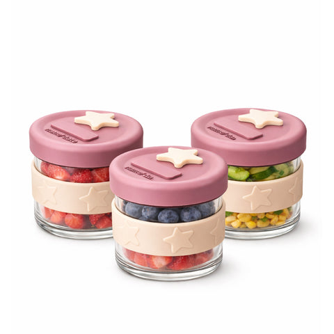 Silicone & Glass Baby Food Storage Containers 3PK 120ml - Freezer - Dusty Rose & Sand