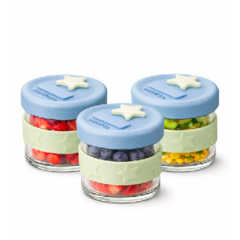 Silicone & Glass Baby Food Storage Containers 3PK 120ml - Cerulean Sage - Puree Containers - Freezer Safe