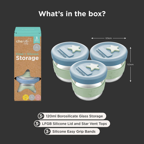 Silicone & Glass Baby Food Storage Containers 3PK 120ml - Cerulean Sage - Puree Containers - Freezer Safe
