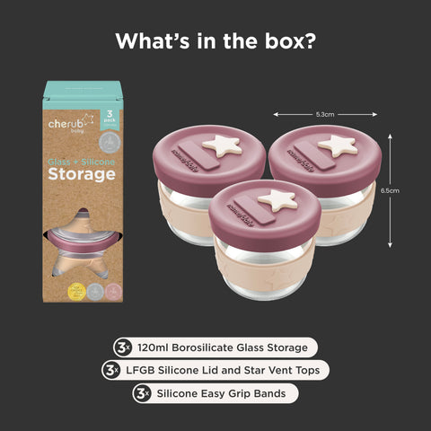 Silicone & Glass Baby Food Storage Containers 3PK 120ml - Freezer - Dusty Rose & Sand