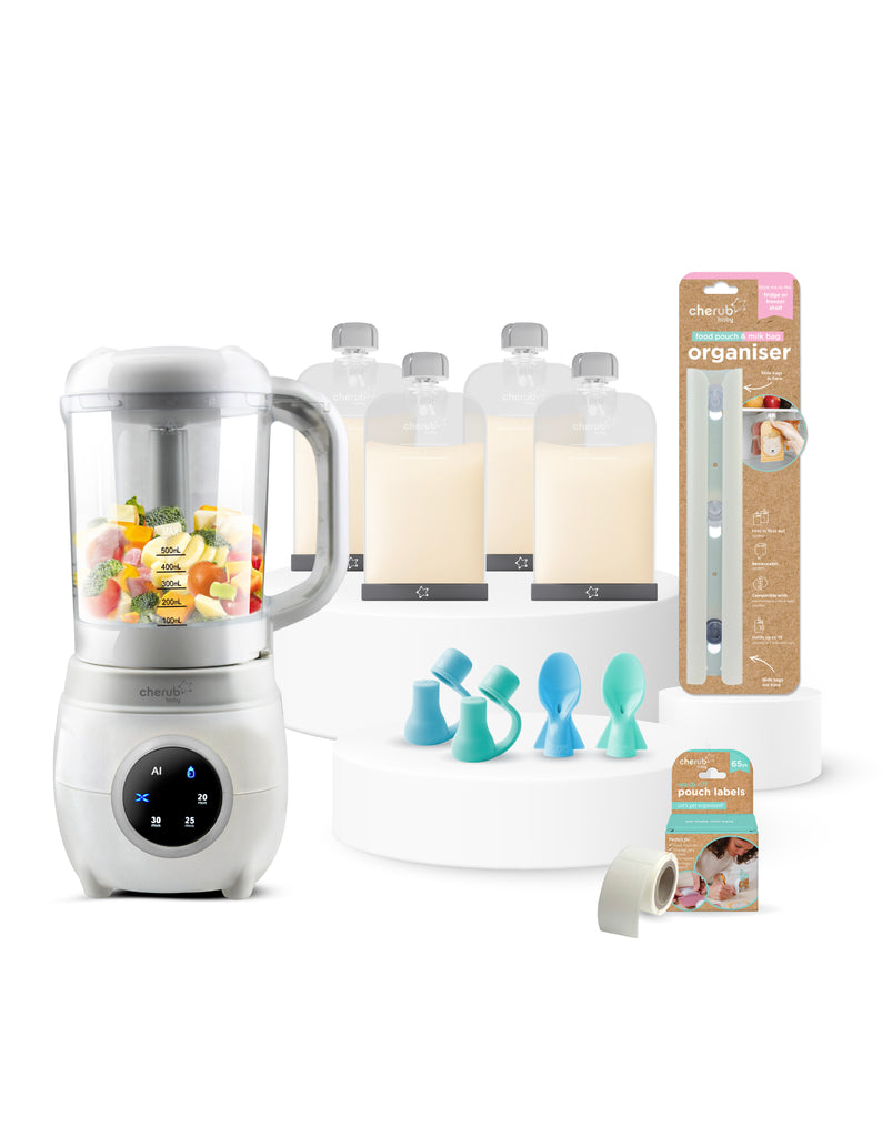 Solid Feeding Bundle | Automatic Baby Food Maker + Reusable Silicone Breast Milk & Food Pouches 180ml Bundle Blue & Green
