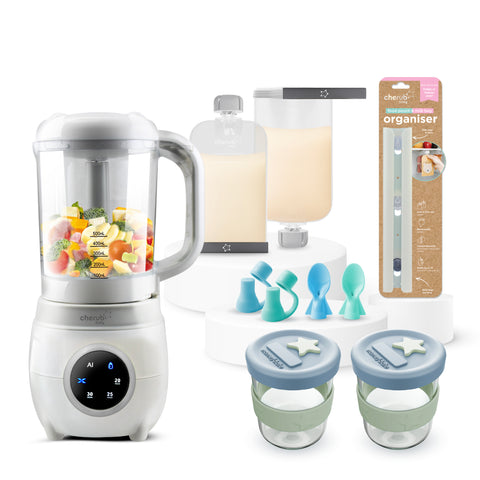 Automatic Baby Food Maker with breast milk silicon pouches, glass storage, spoon and spout, organiser on a white background. 